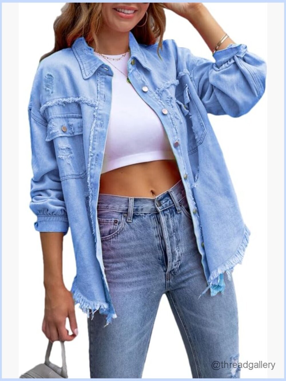 Oversized Ripped Distressed Denim Jacket Long Sleeve Casual Jean Coat